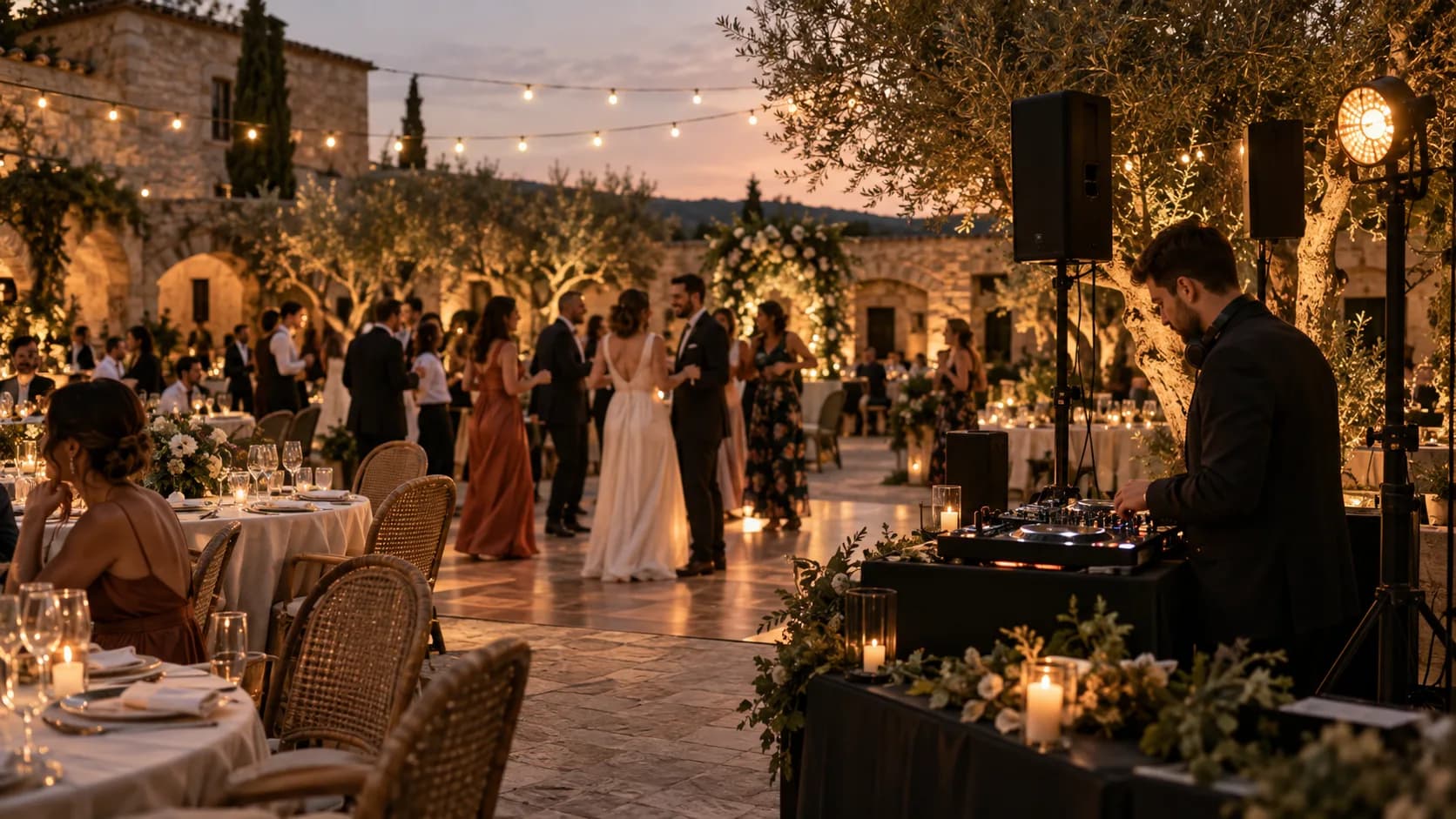 Celebración de boda en un patio con guirnaldas y una cabina de DJ