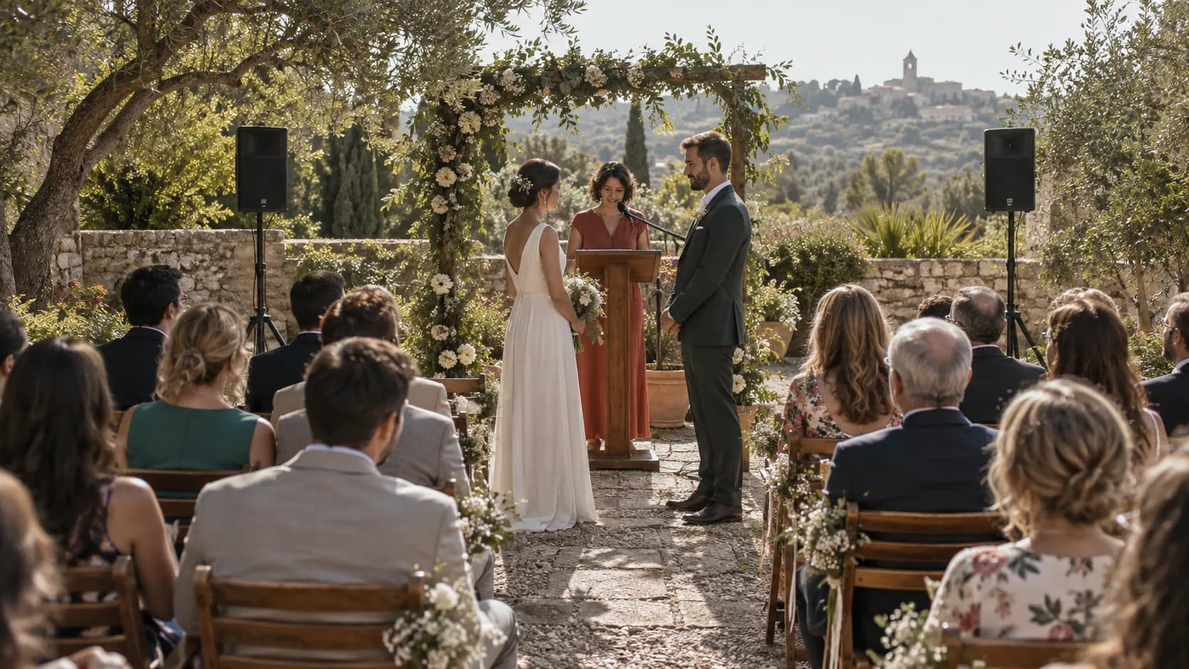Ceremonia de boda en un jardín con micrófono y altavoces junto a las sillas