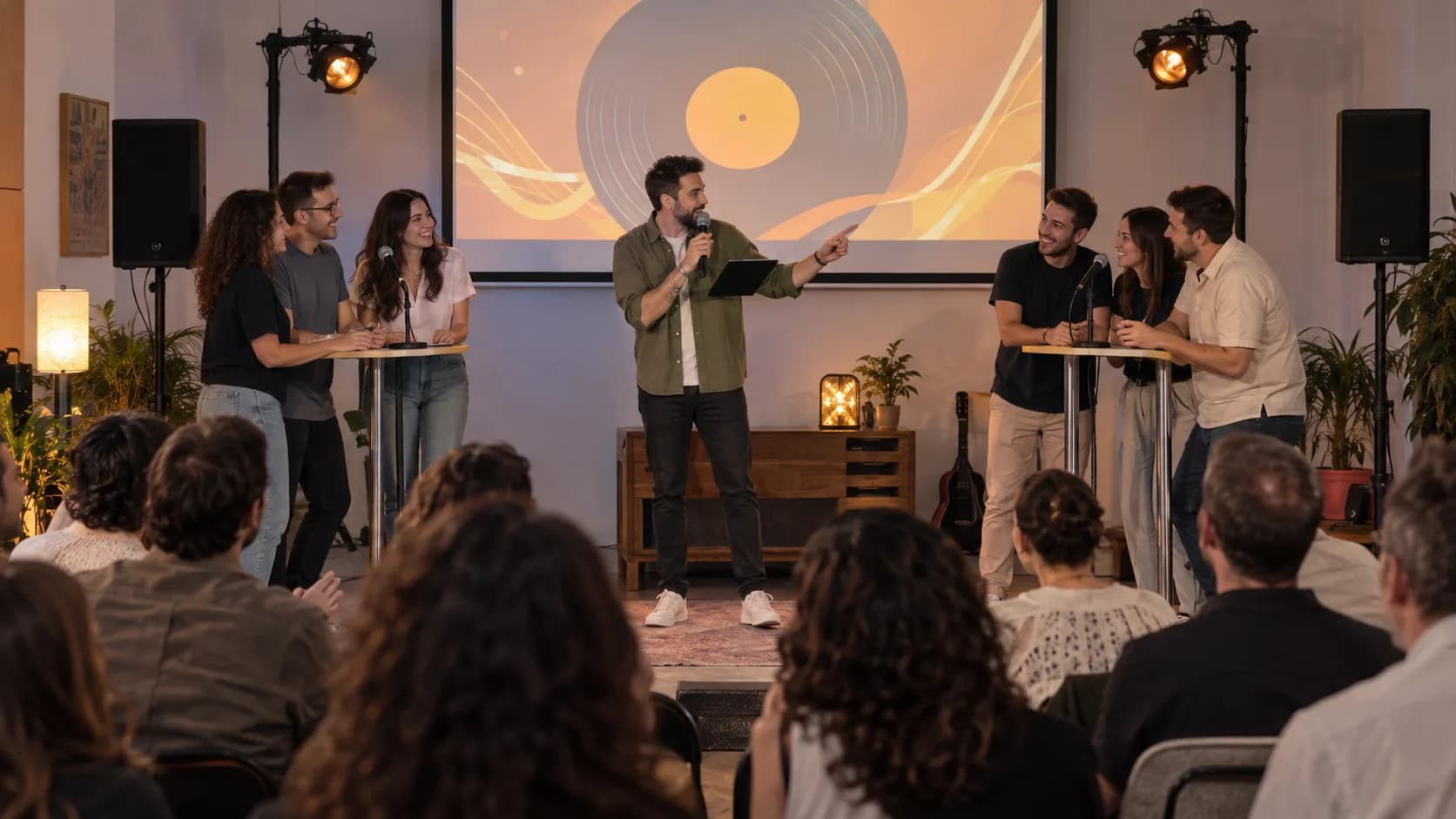 Presentador con micrófono entre dos equipos en un concurso musical