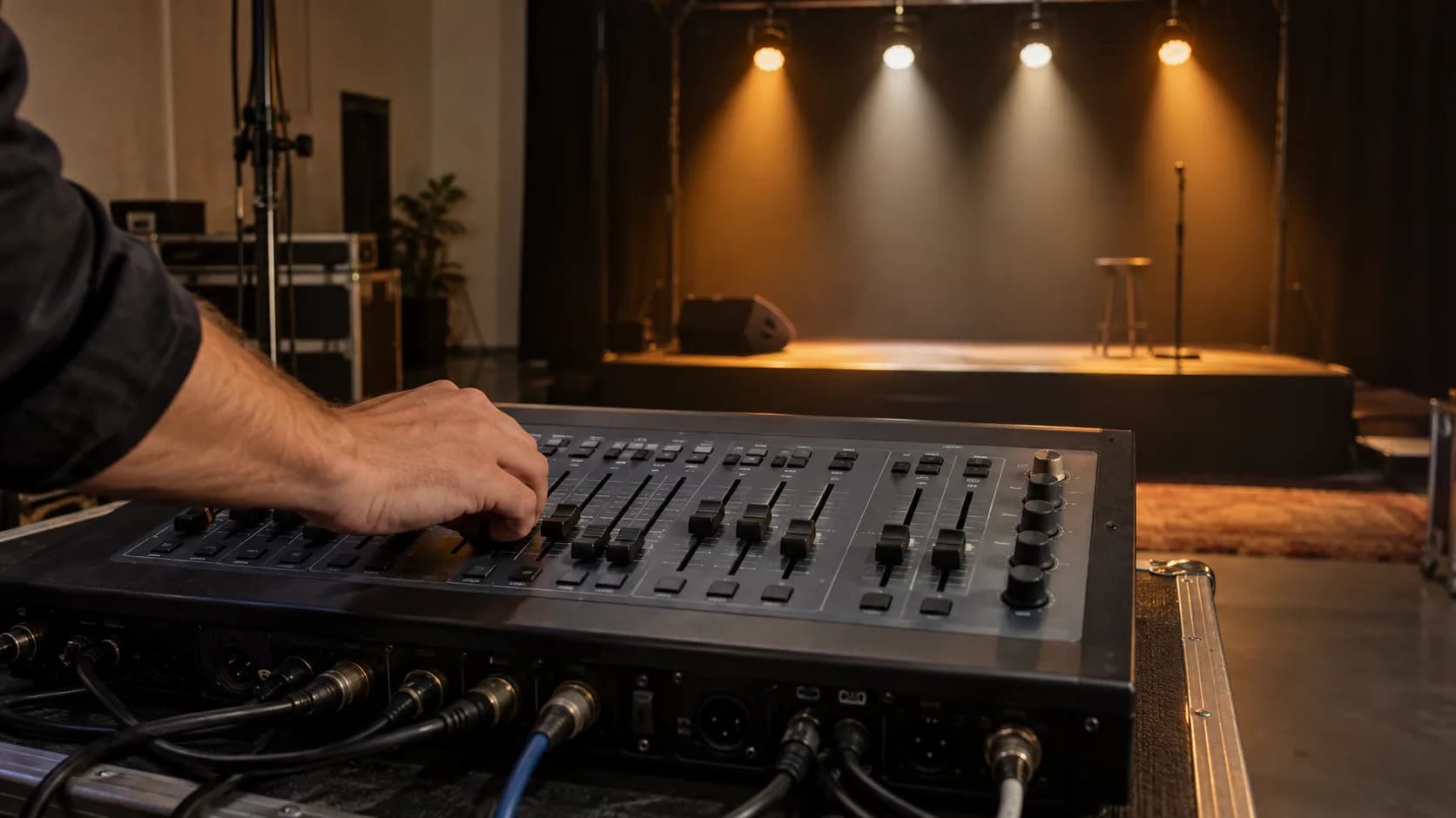 Mano sobre una mesa de control de iluminación con focos encendidos al fondo