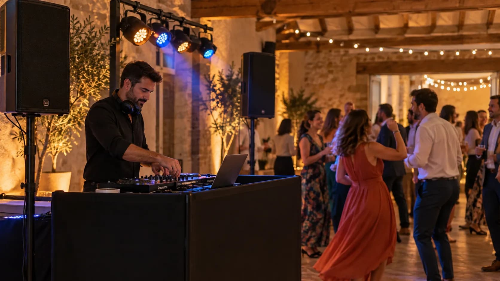 DJ en una cabina con altavoces y focos junto a invitados que bailan