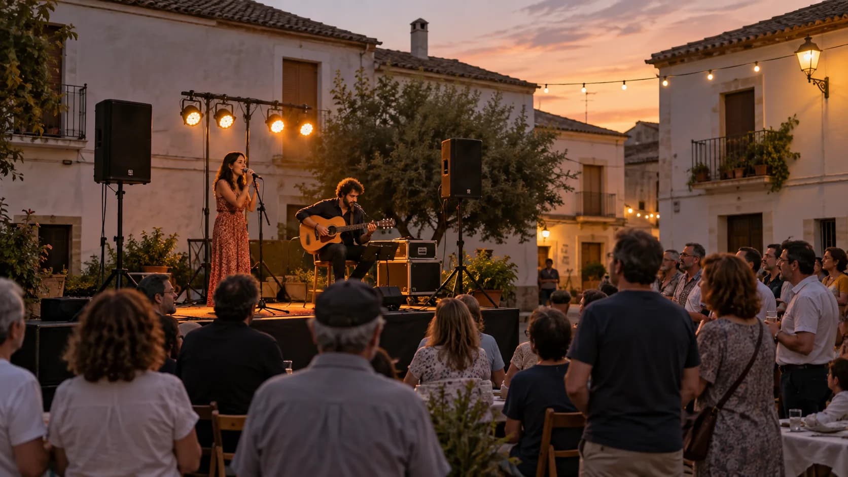 Dúo musical en un escenario pequeño con altavoces y focos en una plaza
