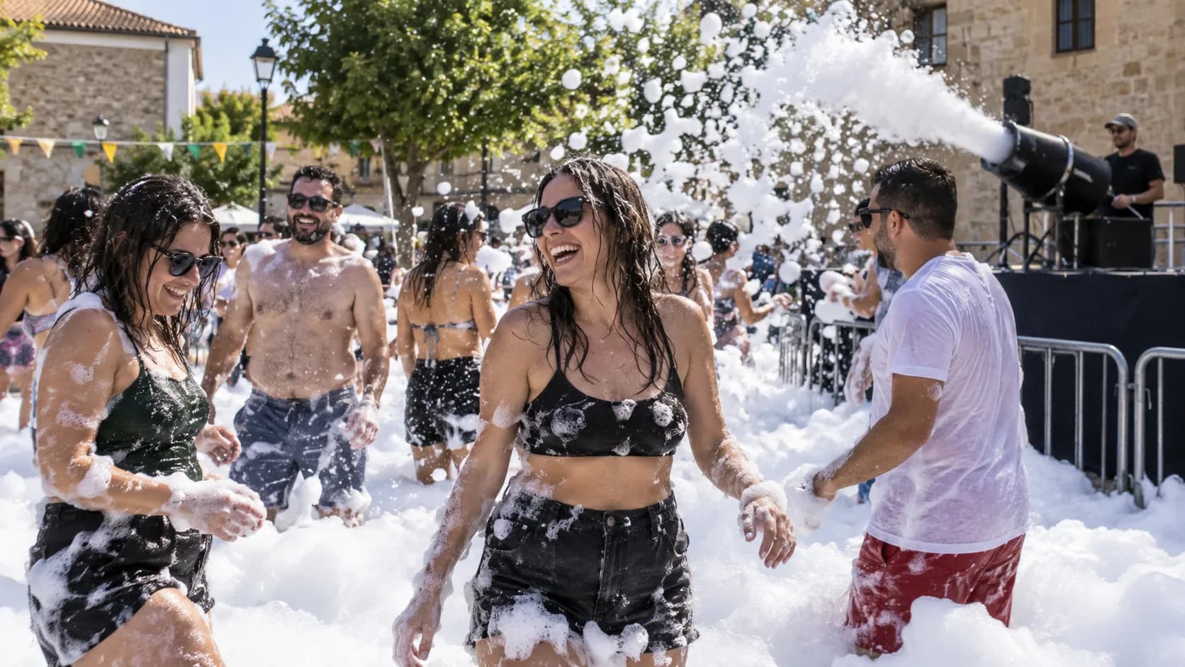 Participantes en una fiesta de espuma al aire libre con un cañón detrás de una valla