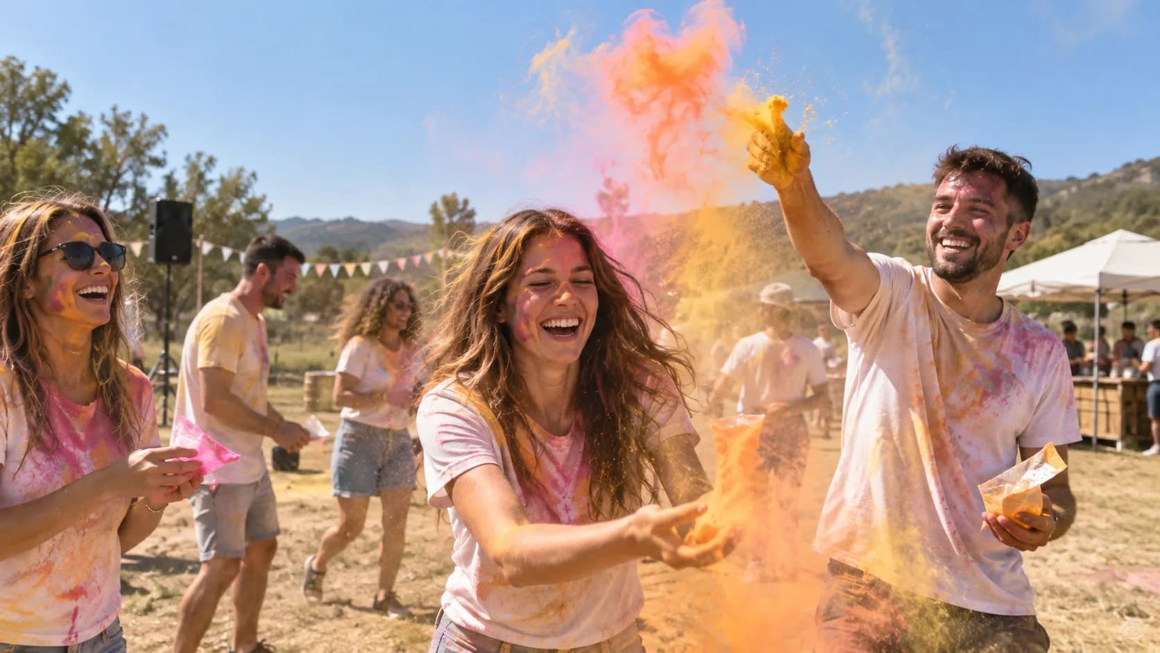Participantes lanzan polvos de colores en una celebración al aire libre