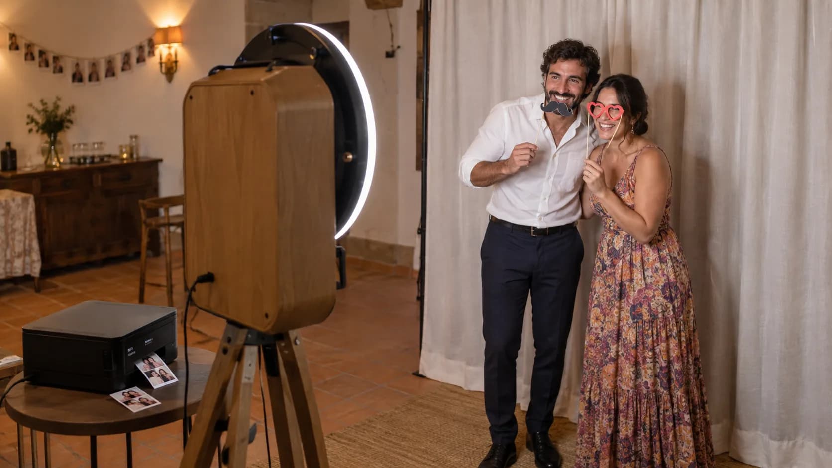 Dos invitados ante un fotomatón clásico con aro de luz e impresora de fotos