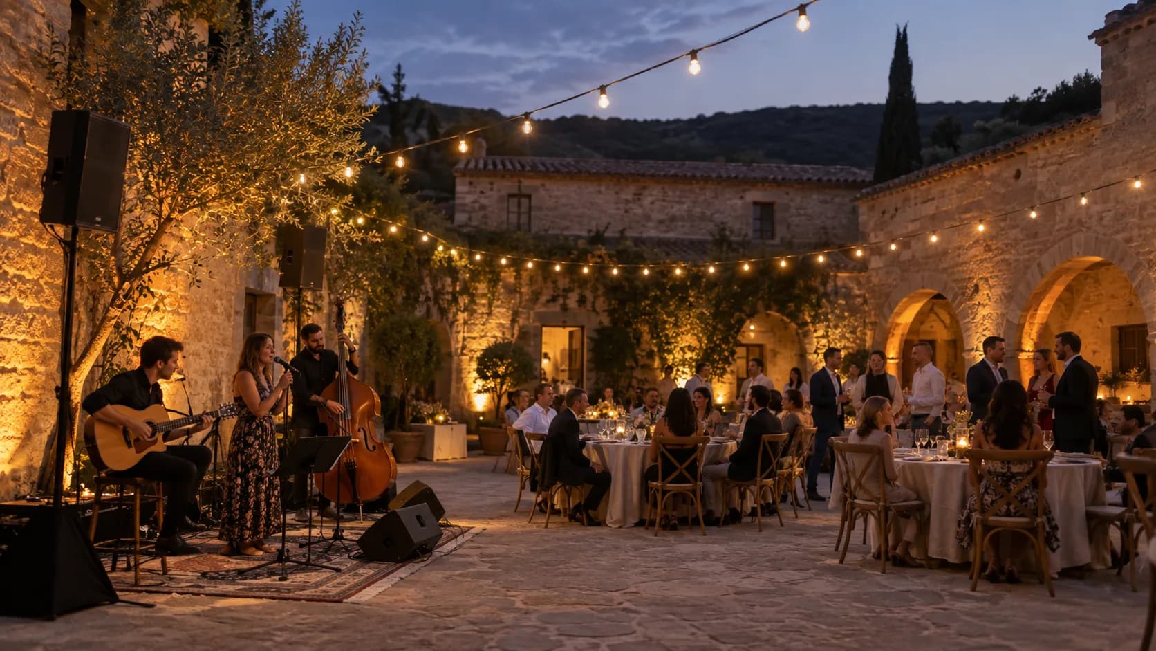Guirnaldas y luz cálida en un patio de piedra con mesas y músicos