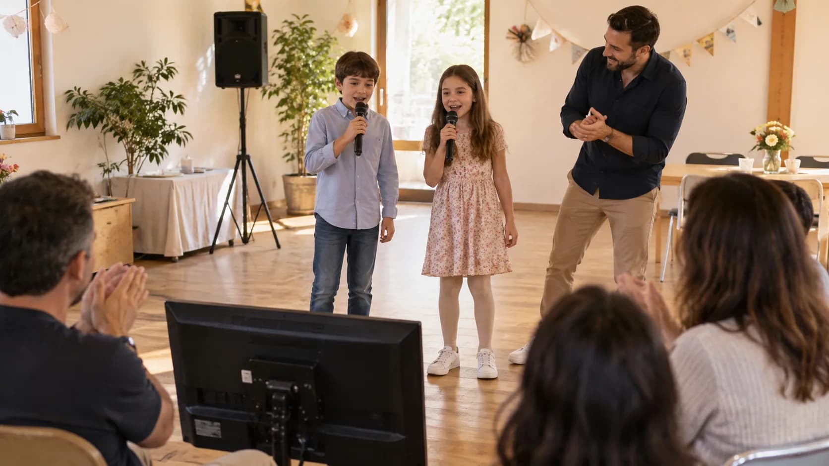 Dos niños cantan con micrófonos acompañados por un animador y familiares