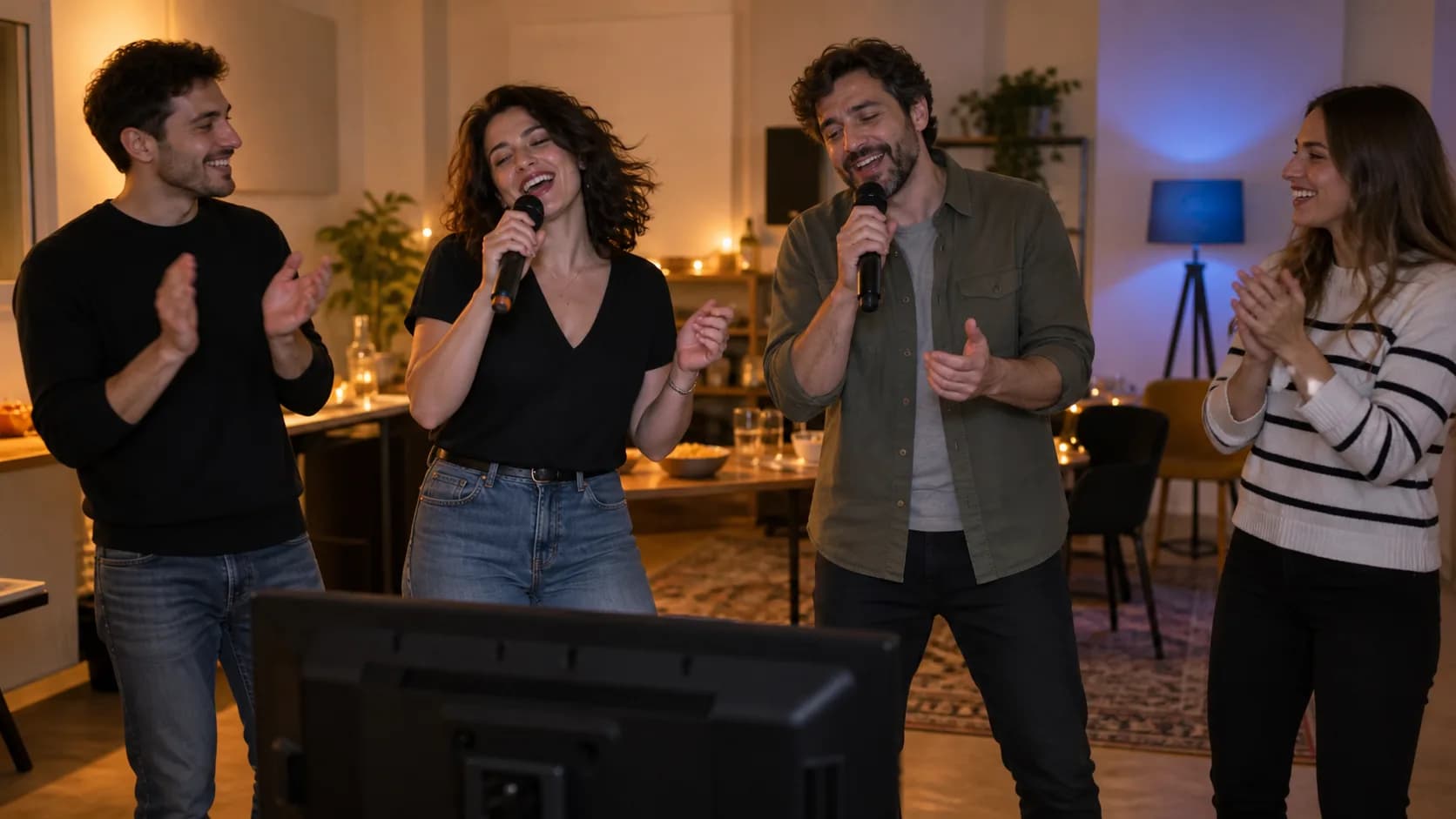 Grupo de participantes canta y aplaude ante un monitor de karaoke