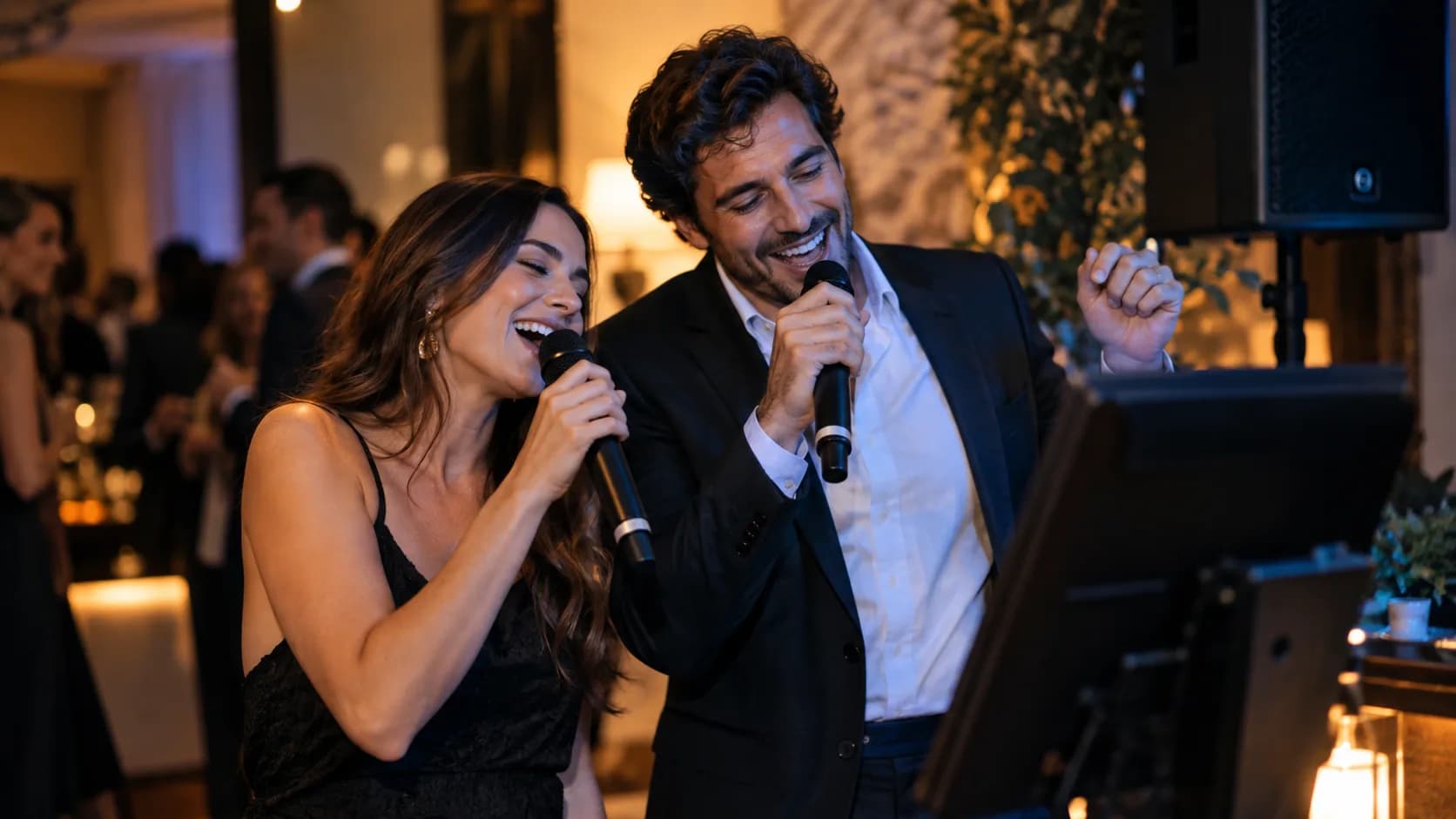 Dos participantes cantan con micrófonos ante una pantalla de karaoke