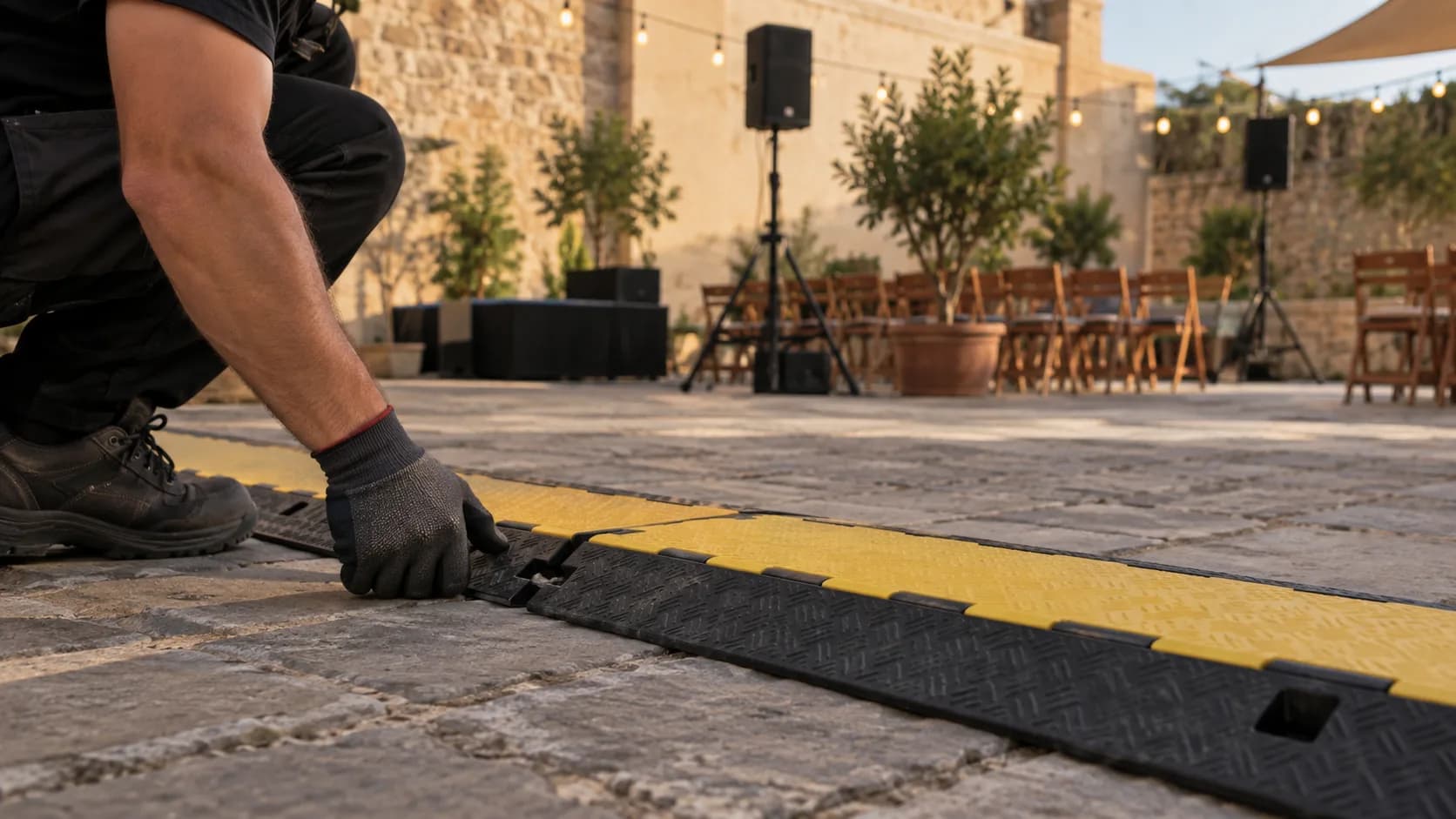 Protector de cables en un paso de un recinto preparado para un evento