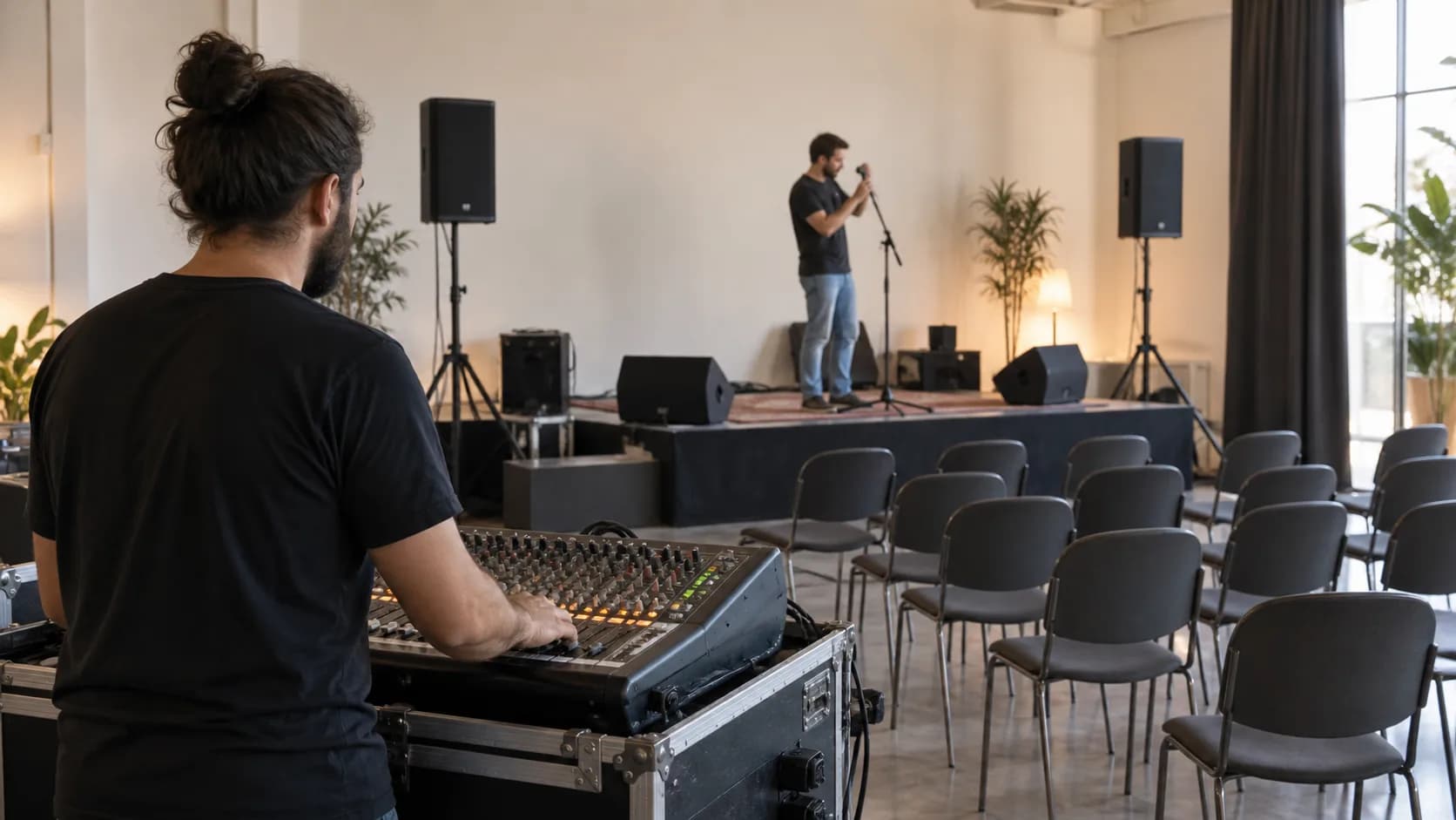 Prueba de sonido con una mesa de mezclas, un micrófono y la sala todavía vacía