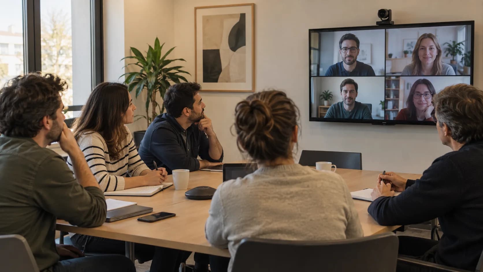 Reunión en una mesa con cámara, altavoz de conferencia y participantes remotos en pantalla