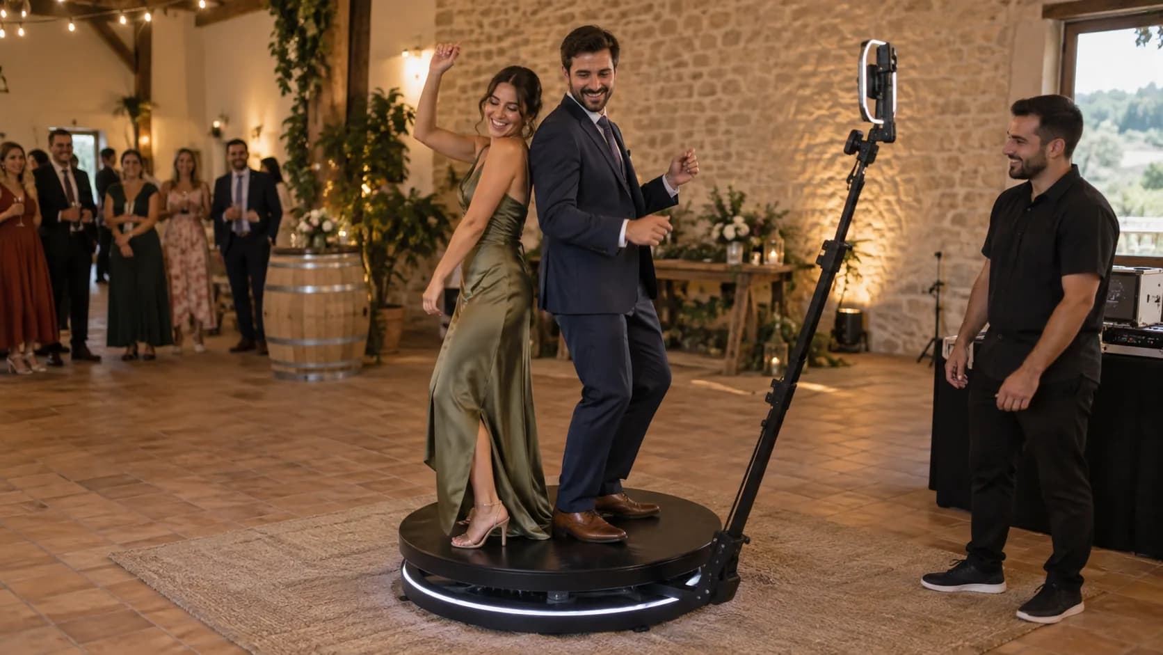 Dos invitados sobre una plataforma de videomatón 360 con brazo de cámara